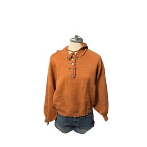 Philosophy Lace Up Hoodie Sweater Hazelnut Balloon Sleeve Knit Pullover L